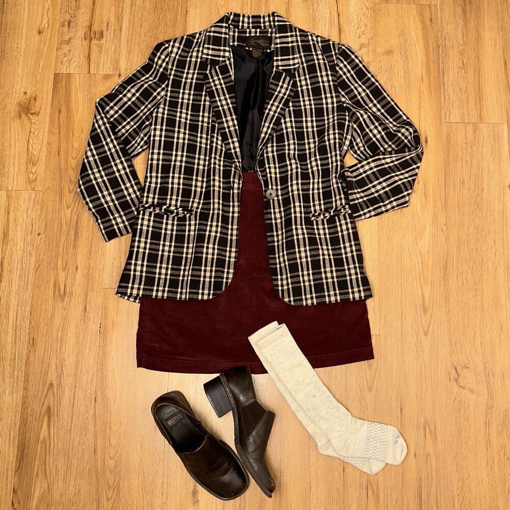 Vintage Linen Plaid Blazer Jacket Size M - Academia Preppy Quiet Luxury Classic